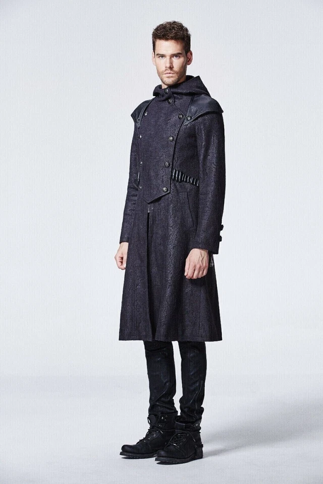 Abrigo Punk Rave Assassin's Creed Para Hombre Con Capucha Militar Gótico Negro Brocado Foto 3 de 4