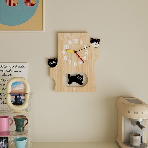 15 Inch Cute Cat Wall Clock Running Cat Wooden Silent Clock for Room Decor Gift - Picture 7 of 7