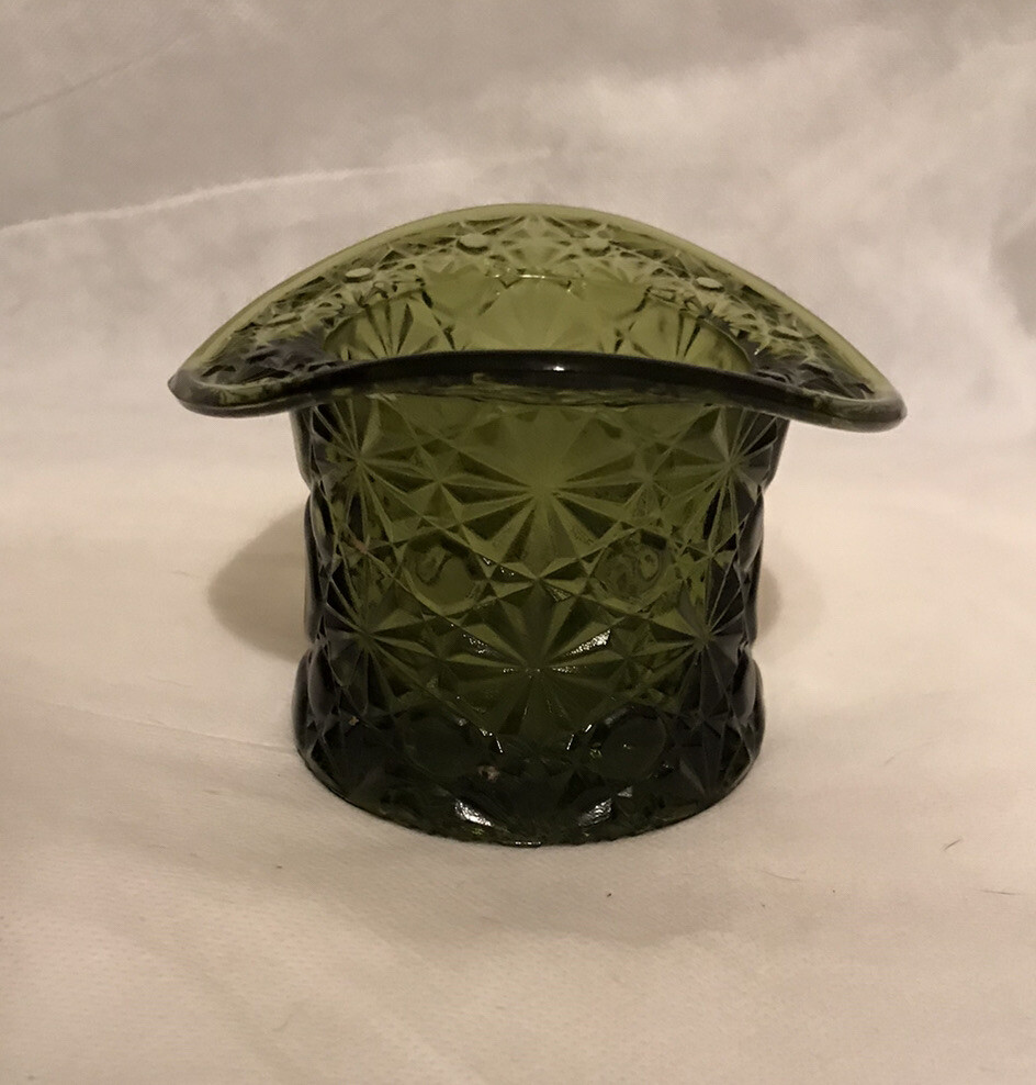 Vintage L.E. Smith Glass Daisy & Button Top Hat Candle Holder Vase Avocado Green eBay