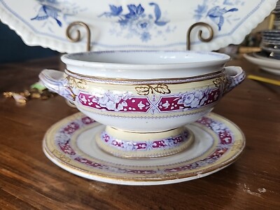 Antique Mulberry Polychrome Transferware Open Bowl With Under Plate