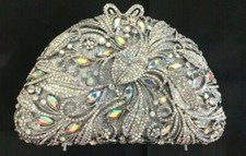 New Silver With Iridescent Crystal Floral Hard Shell Clutch Bag- Fits Iphone