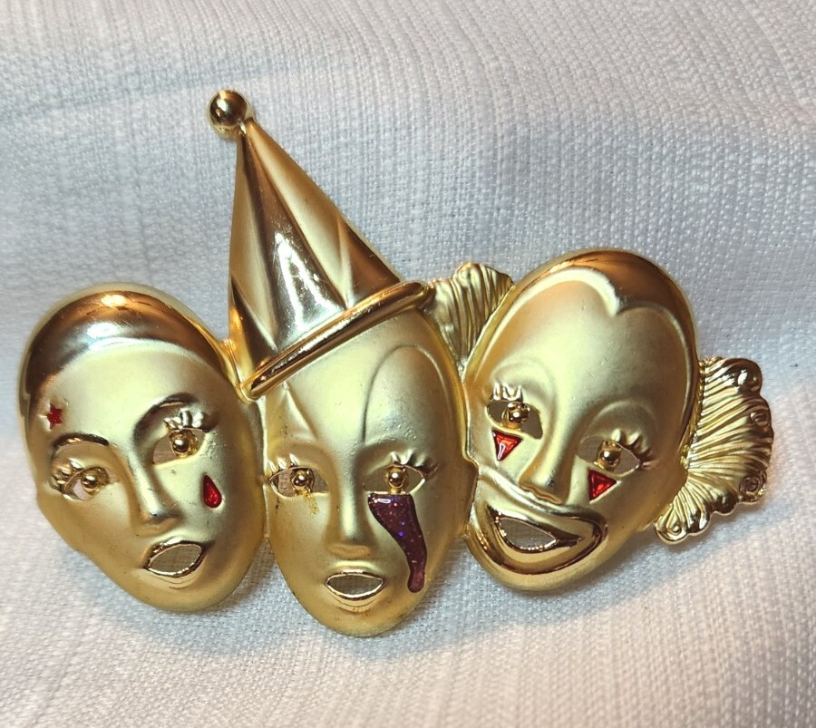 Triple Clowns Vintage Signed AJC Gold Tone Enamel Theater Masks Faces Brooch Pin