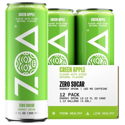 ZOA Zero Sugar Energy Drinks Green Apple Sugar Free with Electrolytes 12Oz 12 CT