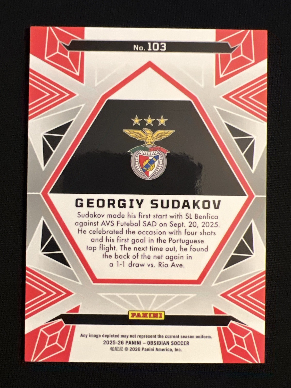 2025/26 Panini Obsidian Georgiy Sudakov #103 SL Benfica view 2