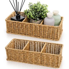 2 Pack Wicker Storage Basket, 3 Compartments Plastic Toilet Tank Topper Woven...