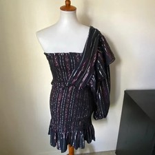 Farm Rio Women’s Lurex Stripes Mini Dress Black Size S Smocked One Sleeve Mini