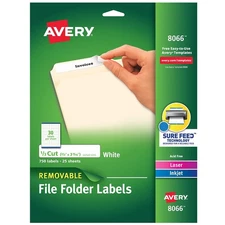 Avery Removable 1/3-Cut File Folder Labels Inkjet/Laser .66 x 3.44 White 750/PK