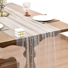 Boho Pearl Table Runner, 10ft ic Tulle, Wedding Party Table Decor, White