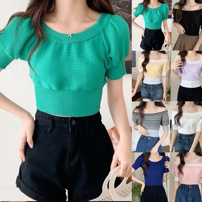 Mode Damen gestricktes schulterfreies gestreiftes T-Shirt mit Kontrastfarben