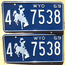 1969 Wyoming License Plate Number Tag Pair Plates