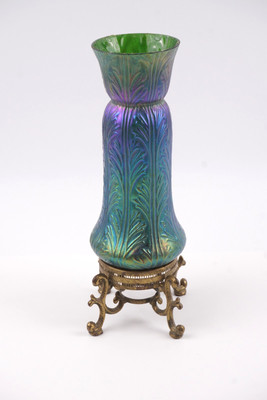 Vintage Johann Loetz Witwe Iridescent Art Nouveau Vase In Brass Stand