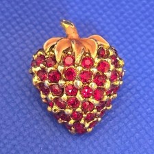 Gold Tone Strawberry Brooch with Red Round Rhinestone Metal 1.25 Inch
