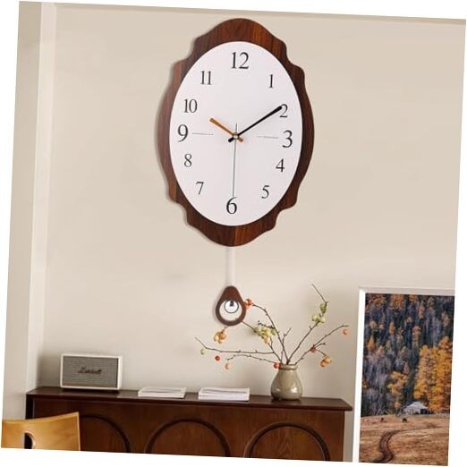 Large Wall Clock with Orange & Black Hands, Pendulum – Unique Wood - 25 Brown