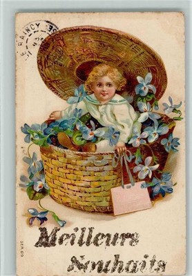11095656 - Girl gets out of a basket of flowers Postcard congratulations