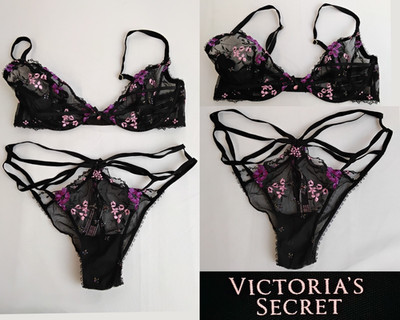 Victoria's Secret Lingerie Set 34C/Medium Black Purple Flowers Sparkly #Z5660