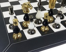 LARGE Brass Metal Gold Black Spike Staunton Chess Set 21" BK Faux Leather Board