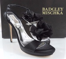Badgley Mischka Adele Platform Evening Sandals Heels Flower Black Satin Size 10