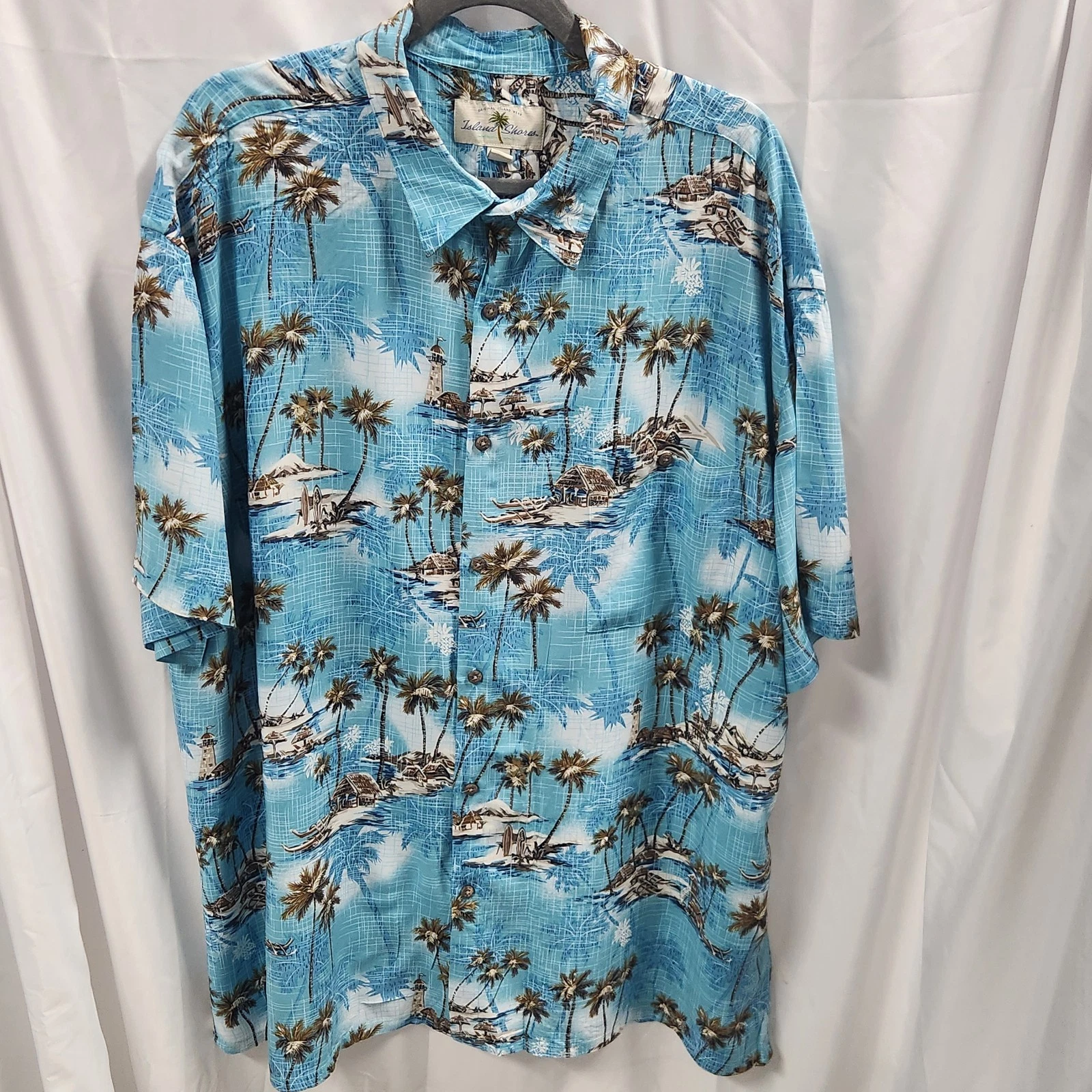 Shirt~Mens~Island Shores~Size XXL~Blue Floral Palm Tree Island Hawaiian~Rayon