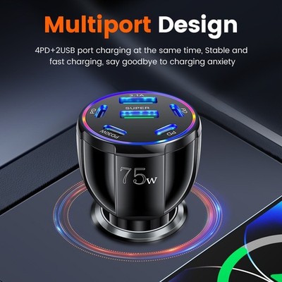 6 Port USB Auto Ladestation mit PD Fast Charging für Handy und Tablet
