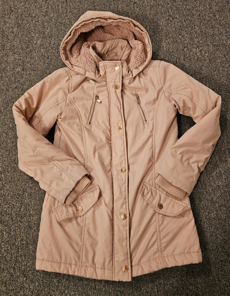 Justice Girls 12 Winter Coat Hooded Removable Fur Curved Split Tail 2 Pockets - Image 2 of 4