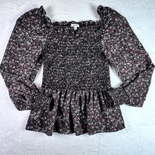 Max Studio Top Juniors L Black Floral Boho Peasant Cottagecore Smocked Peplum