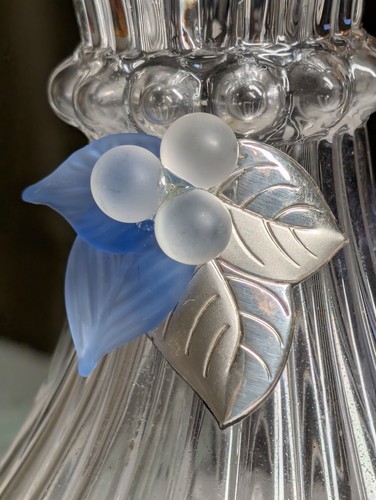Vtg 7" Handblown Glass Vase W Glass Flower Silver Leaves Accent Susy Bomboniere - Picture 8 of 13