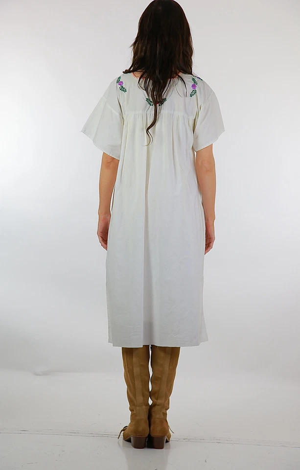 Vestido Vintage Años 70 Mexicano Bordado Floral Abstracto Algodón Vestido de Sol Foto 4 de 4