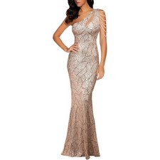 Women One Shoulder 1920s Formal Dress Tassels Sleeve Sequins Gatsby Maxi-gold