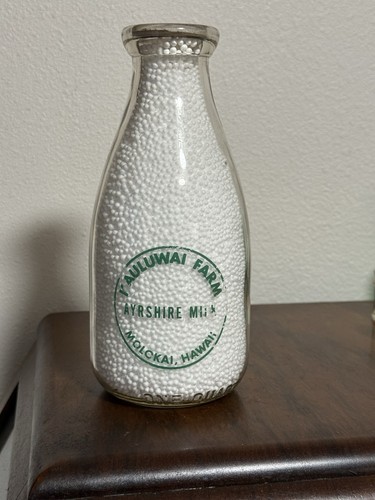 Hawaii Milk Bottle - Green ACL Quart Kauluwai Farm Ayrshire Milk Molokai Hawaii