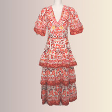 NWT FARM RIO Romantic Orchard Midi Dress sz Small Puff Sleeves Lace Up Back