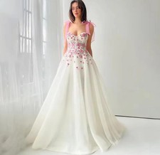3D Flowers Wedding Dresses Pink Bow Shoulder Sweetheart Bridal Gown Princess