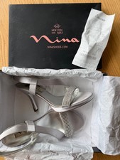 Ladies NINA silver GLORIA, 8, open toe satin sandals/pumps, crystals, box