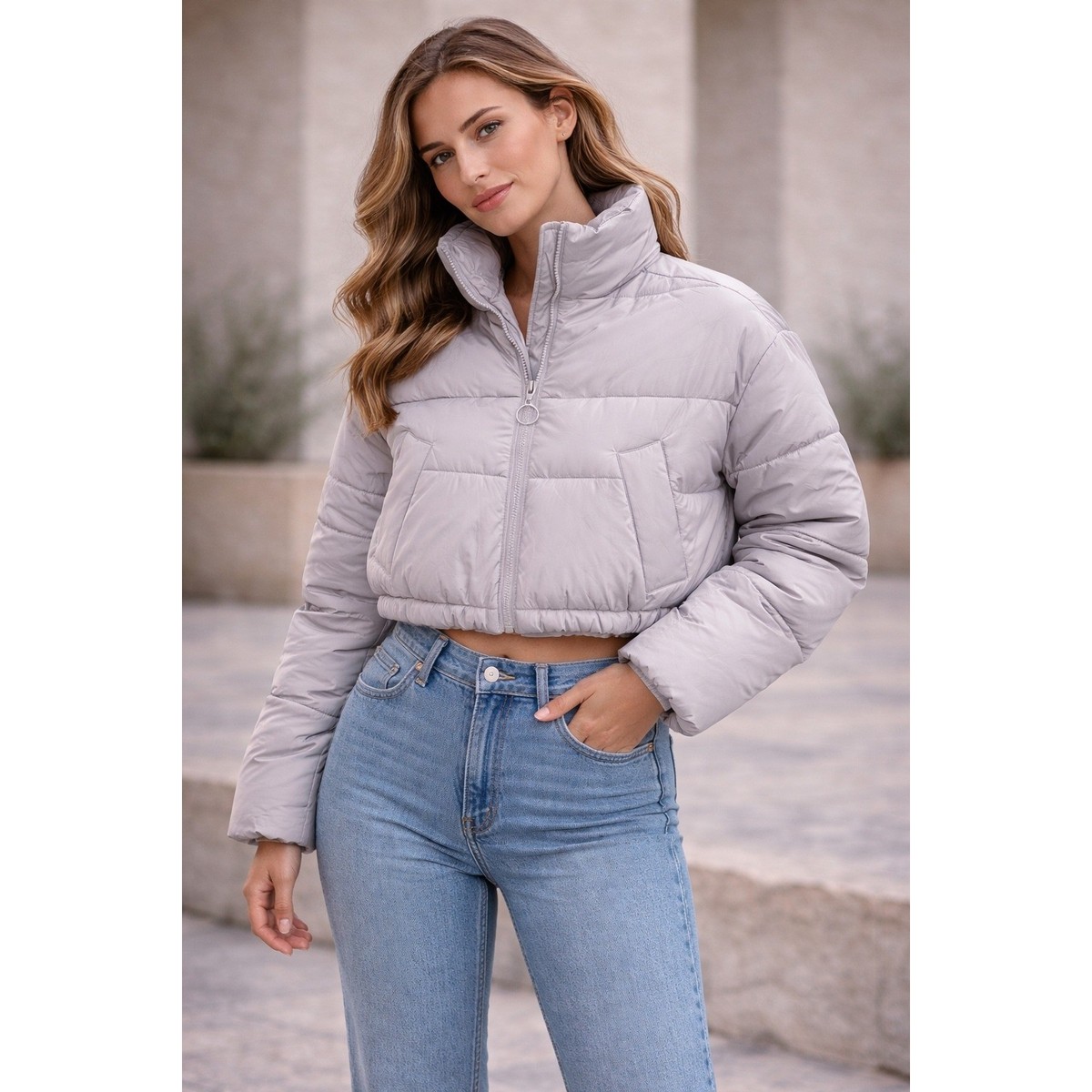 Hollister Cropped Puffer Jacket Size S Light Grey Full Zip 