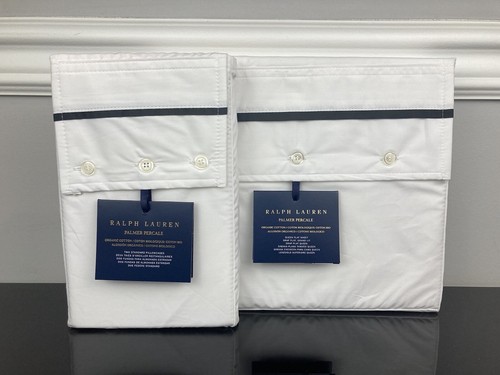Ralph Lauren Palmer Percale Organic Flat Sheet Pillowcases White Loft Gray QUEEN