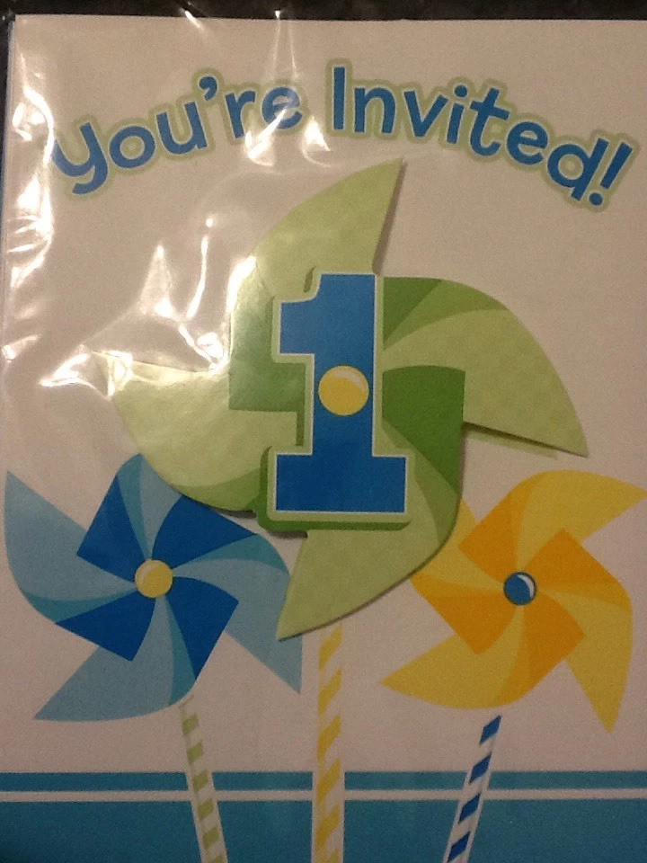 Creative Converting Boy Turning One 1st Birthday Pinwheels Invitations 8ct. Part - Image 2 of 4
