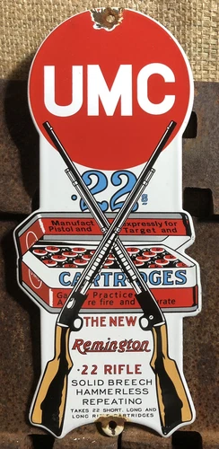 VINTAGE UMC REMMINGTON CARTRIDGES RIFLE 12” PORCELAIN GUN HUNTING FISH SIGN