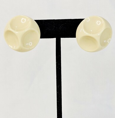 Vintage Clip Earrings Vanilla Custard Round Plastic Pinched Dimpled