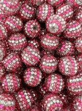 10 Pcs 20mm Pink/Red/Silver Striped, Rhinestone Acrylic Beads - Bubblegum Beads