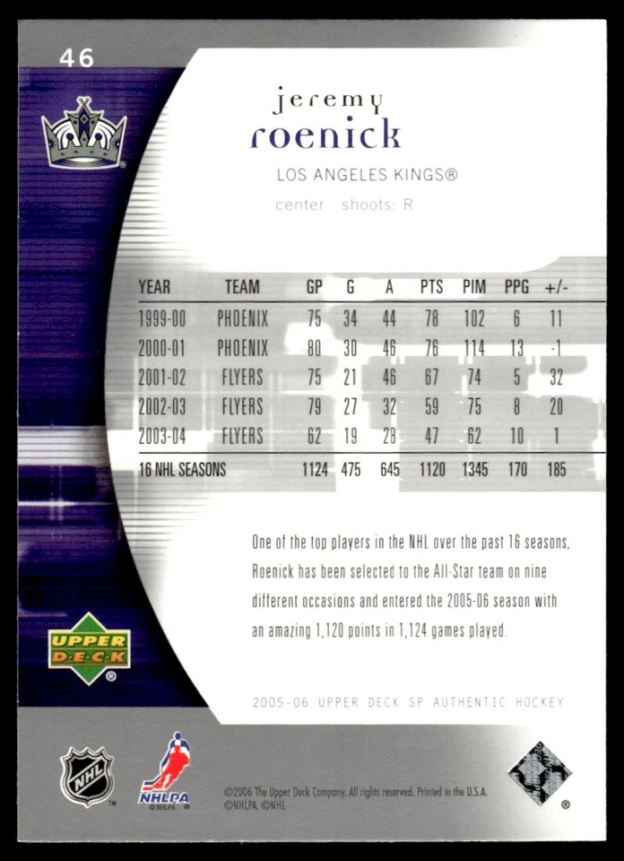2005-06 Upper Deck SP Authentic Hockey Card Jeremy Roenick C Los Angeles Kings - Image 2 of 2