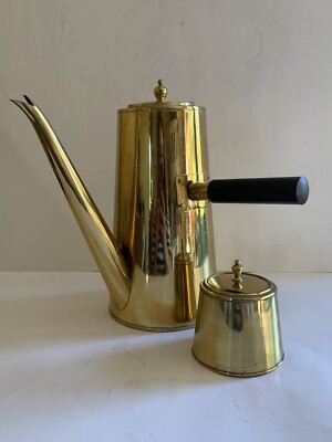 Vtg MCM Brass Coffee Pot Service Set 3 Piece Lidded sugar Retro Atomic Danish?