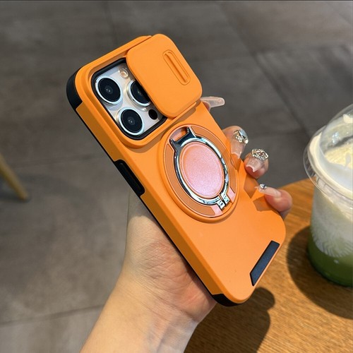 For iPhone 15 Slide Camera Lens Cover Protective Shell with Ring Stand Slim Case - Picture 10 of 13