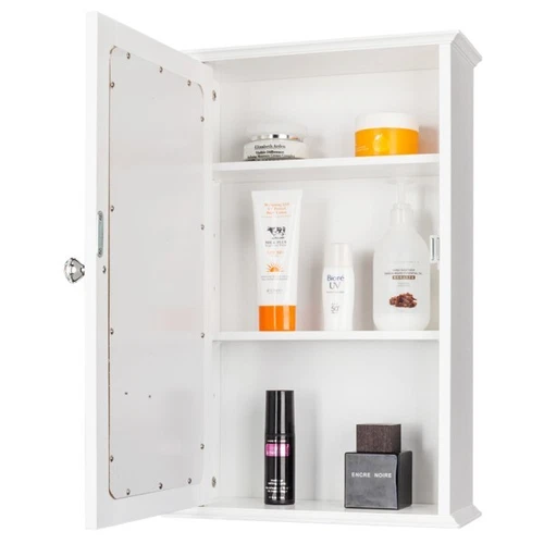 Adjustable Shelf White Single Door Mirror Indoor Bathroom Wall Mounted Cabinet - Picture 3 of 15