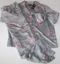 NWT Ralph Lauren SOFT SILVER GRAY/PINK FLORAL SATIN Pajama/Lounge Set Women's L