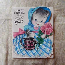 Vintage Birthday Card American Greeting 10AG 491M, Pink Roses, Bear - SWEET GIRL