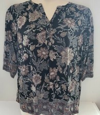 NEW Lucky Brand Womens Boho Tunic Blk/Tan Floral Peasant Blouse 3/4 Sleeves 1X