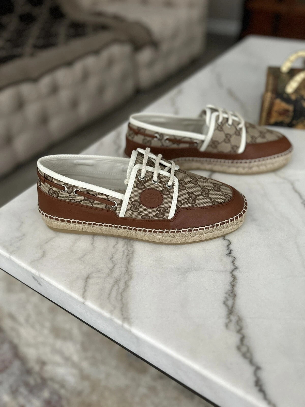 AUTHENTIQUE ESPADRILLES MOCASSINS GUCCI GG BEIGE MONOGRAMME GG 7 (USA TAILLE 8) 725799