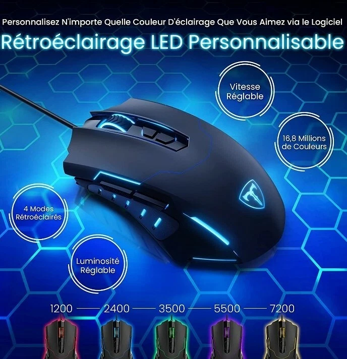 Souris Gamer Rétro-éclairage Led 7 Boutons Programmable 5 réglages dpi 1200/7200 - Photo 2/4