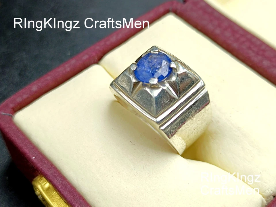 Anillo de piedra de zafiro natural para hombre talla 10 ajustable plata de ley 925 neelam Foto 4 de 4