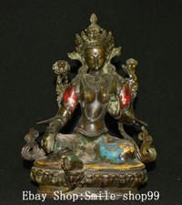 Tibet Pure Bronze Cloisonne Enamel Green Tara Mahayana Buddhism Goddess Statue