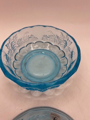 Blue Clear Glass Grapes And Leafs Pattern Bowl With Lid Pre Own Fenton - Picture 7 of 9